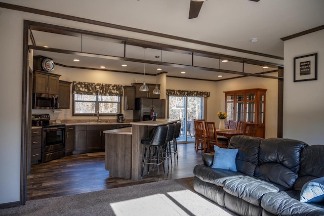 living room featuring sink and ornamental molding