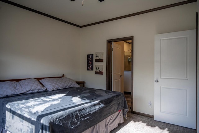 carpeted bedroom featuring ornamental molding