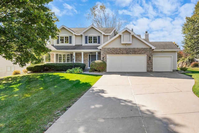 view of front of house featuring a garage and a front lawn