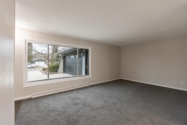 carpeted spare room featuring baseboard heating