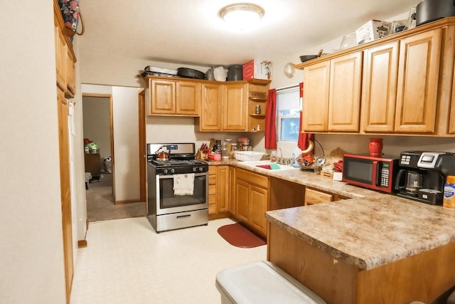 kitchen with gas range, kitchen peninsula, and sink