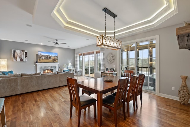 dining room featuring hardwood / wood-style floors, a tray ceiling, a fireplace, and ornamental molding