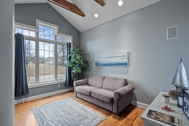 living room featuring high vaulted ceiling, light hardwood / wood-style floors, and a wealth of natural light