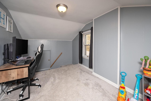 office featuring carpet floors and vaulted ceiling