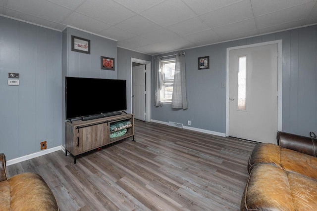 living room featuring crown molding and wood-type flooring