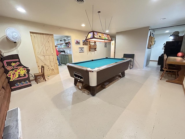 rec room featuring finished concrete flooring, recessed lighting, visible vents, and pool table