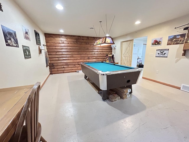 game room with rustic walls, billiards, concrete floors, and recessed lighting