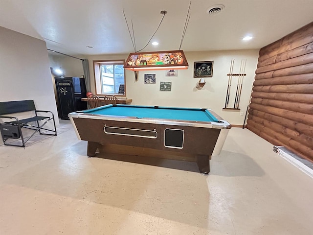 game room with visible vents, concrete floors, log walls, and recessed lighting