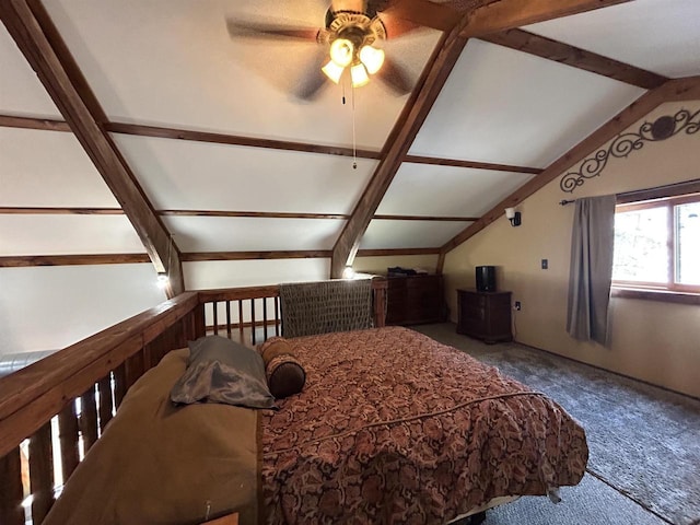 bedroom with vaulted ceiling with beams and carpet floors