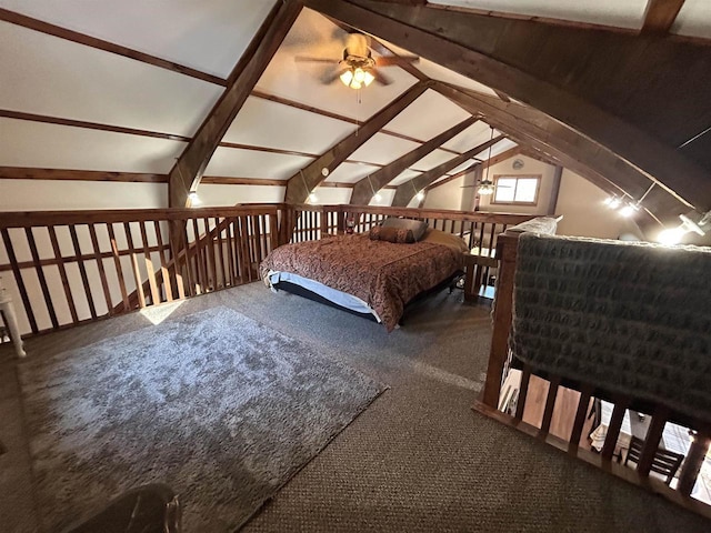 bedroom featuring vaulted ceiling with beams and carpet