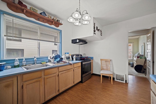 kitchen featuring sink, an inviting chandelier, light hardwood / wood-style floors, decorative light fixtures, and stainless steel electric stove