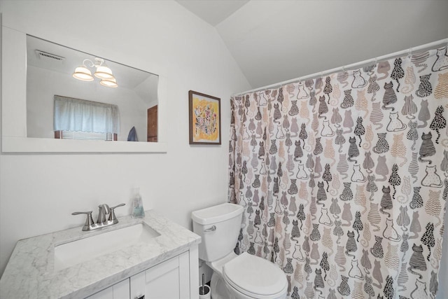 bathroom with vanity, vaulted ceiling, and toilet