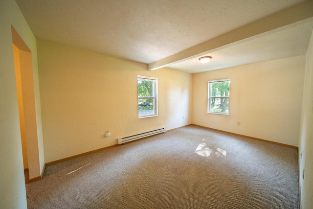 carpeted empty room featuring a textured ceiling, a baseboard radiator, beam ceiling, and baseboards