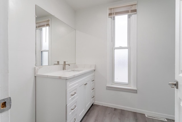 bathroom with vanity and wood-type flooring