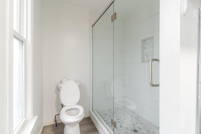 bathroom featuring hardwood / wood-style flooring, toilet, and a shower with shower door