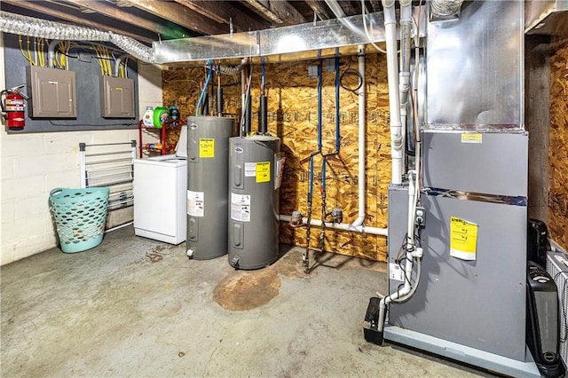 utility room featuring heating unit, washer / dryer, electric panel, and water heater