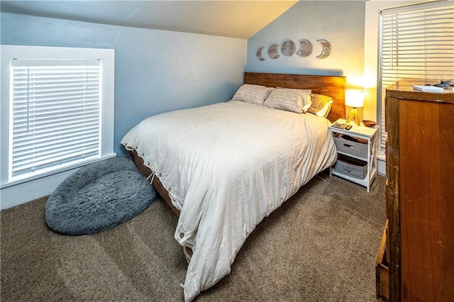 carpeted bedroom with lofted ceiling