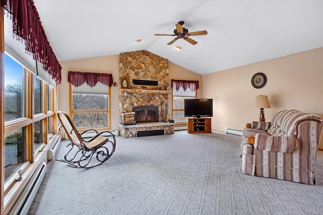 living room with a baseboard radiator, a stone fireplace, vaulted ceiling, and carpet