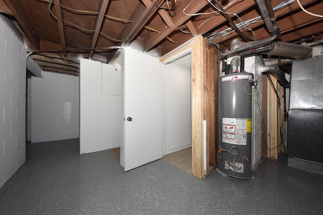 basement with heating unit and water heater