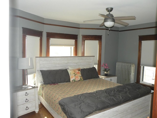 301 W Amelia St, Cassville, WI 53806 - bedroom with wood-type flooring, radiator, and ceiling fan