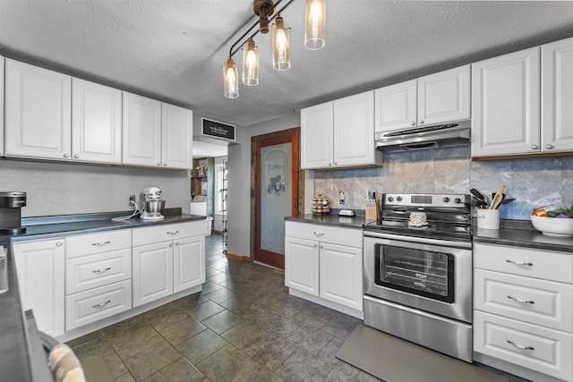 kitchen with white cabinetry, backsplash, a textured ceiling, decorative light fixtures, and stainless steel range with electric cooktop