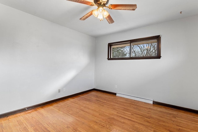 unfurnished room featuring wood-type flooring, a baseboard heating unit, and ceiling fan