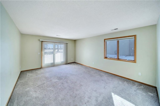 spare room with light carpet and a textured ceiling