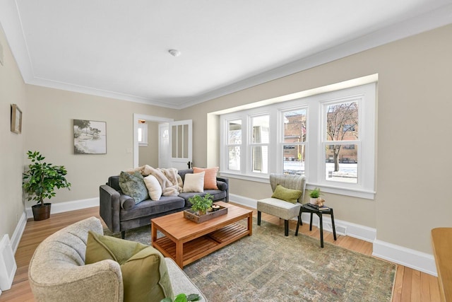 living room featuring ornamental molding, light wood finished floors, and baseboards