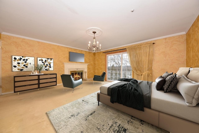 bedroom featuring ornamental molding, carpet floors, access to outside, and an inviting chandelier