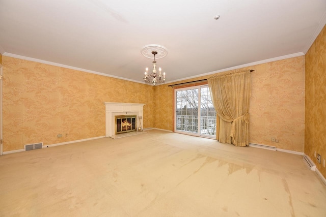 unfurnished living room featuring ornamental molding, carpet floors, a notable chandelier, and baseboard heating