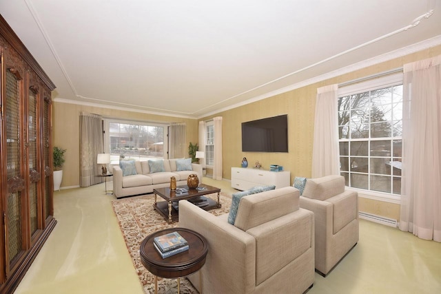 living room with ornamental molding and light carpet