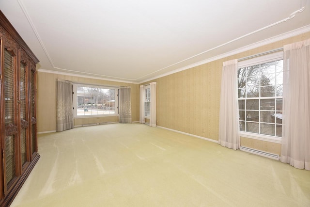 unfurnished living room featuring crown molding and carpet flooring