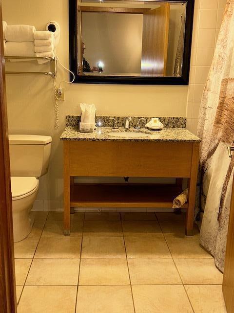 bathroom featuring tile patterned flooring, vanity, and toilet