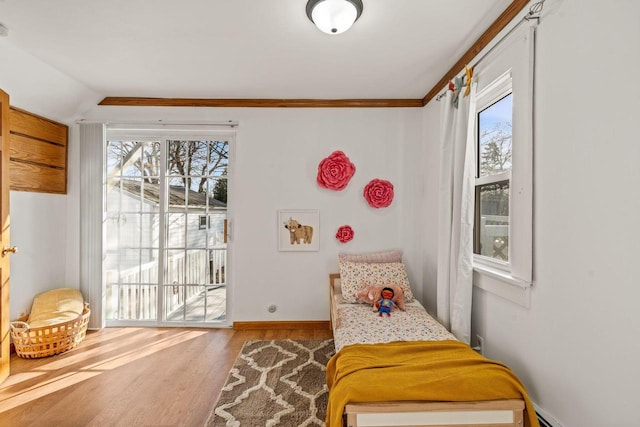 interior space featuring multiple windows, wood-type flooring, ornamental molding, and access to outside