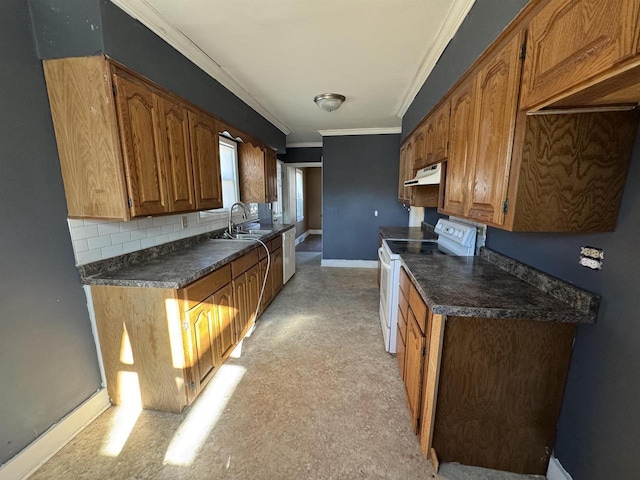 kitchen featuring tasteful backsplash, sink, electric range, and ornamental molding