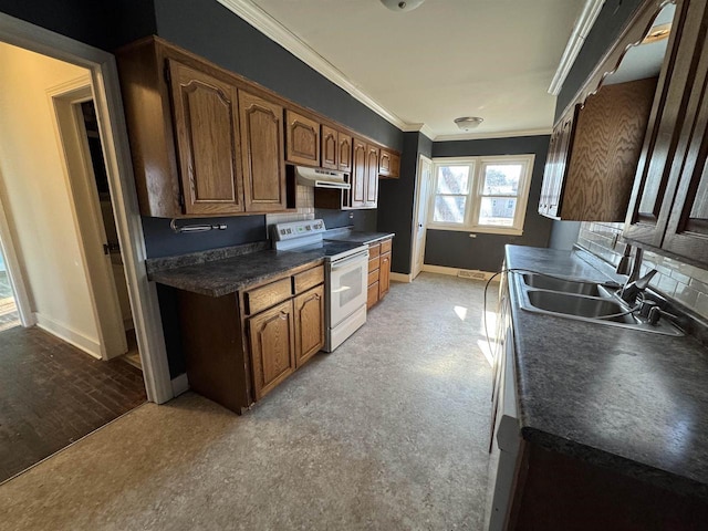 kitchen featuring electric stove, ornamental molding, and sink