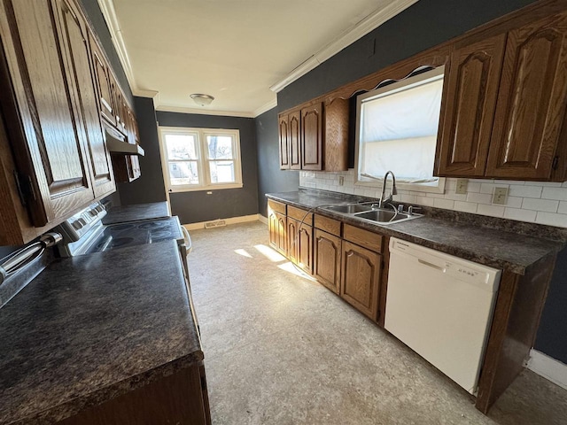 kitchen featuring sink, stainless steel electric range oven, ornamental molding, dishwasher, and backsplash