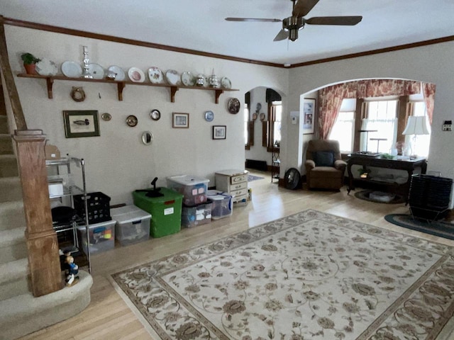 living room with ornamental molding, ceiling fan, and light hardwood / wood-style floors