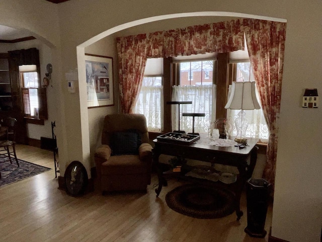 sitting room with hardwood / wood-style flooring