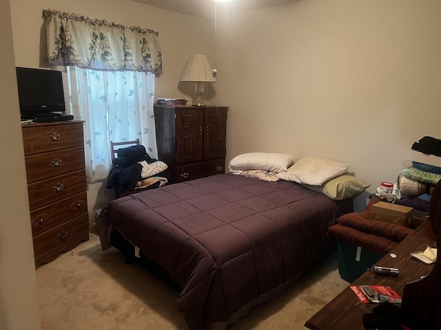 bedroom featuring light carpet