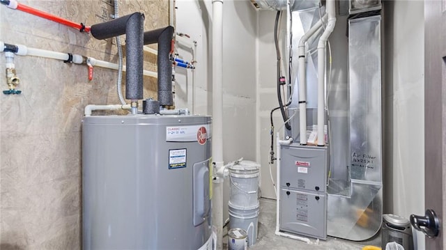 utility room featuring heating unit and water heater