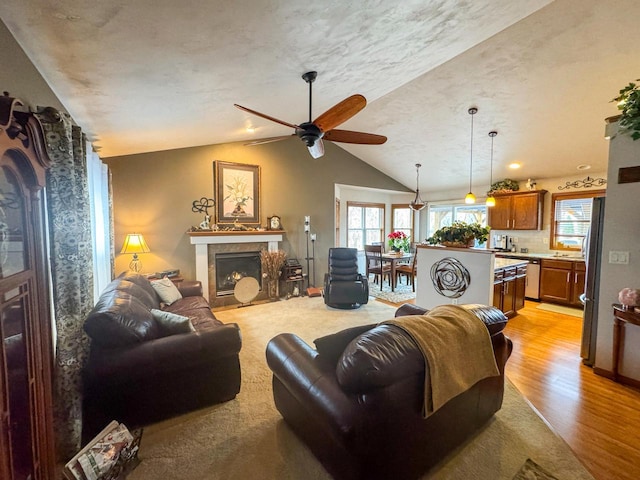 living room with ceiling fan, plenty of natural light, lofted ceiling, and light hardwood / wood-style floors