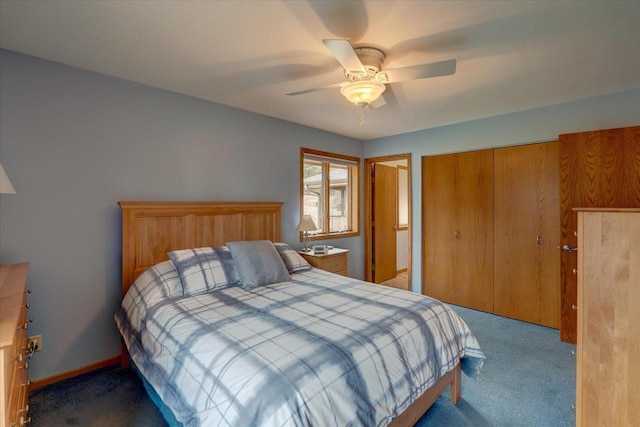 bedroom with light carpet, a closet, and ceiling fan