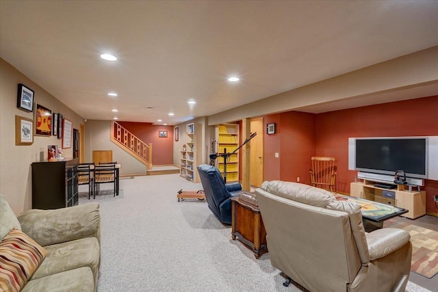 living room with light colored carpet