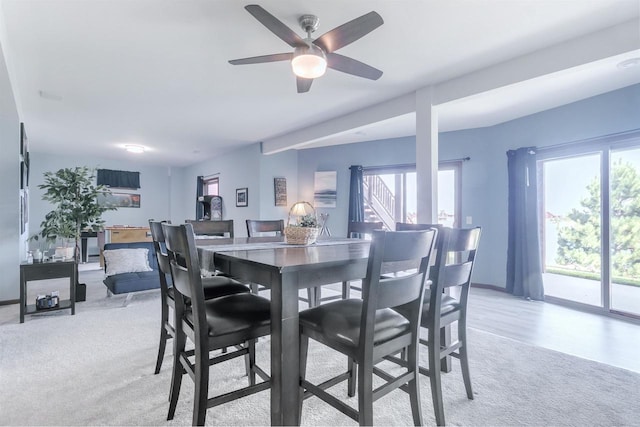 carpeted dining space featuring ceiling fan and a wealth of natural light