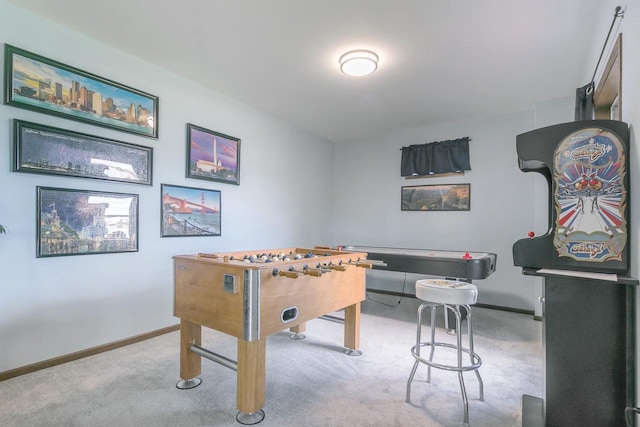 game room with light colored carpet