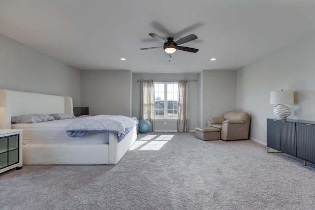 carpeted bedroom featuring ceiling fan