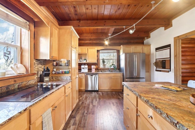 kitchen featuring appliances with stainless steel finishes, beamed ceiling, dark hardwood / wood-style flooring, light stone countertops, and wooden ceiling