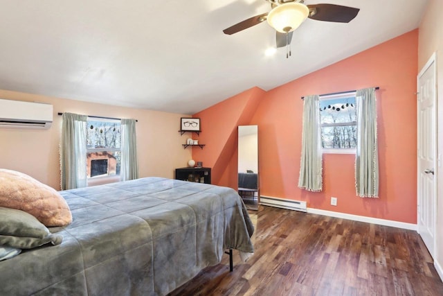 bedroom with lofted ceiling, ceiling fan, baseboard heating, dark hardwood / wood-style flooring, and an AC wall unit