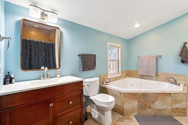 full bathroom featuring vanity, vaulted ceiling, tile patterned floors, shower with separate bathtub, and toilet